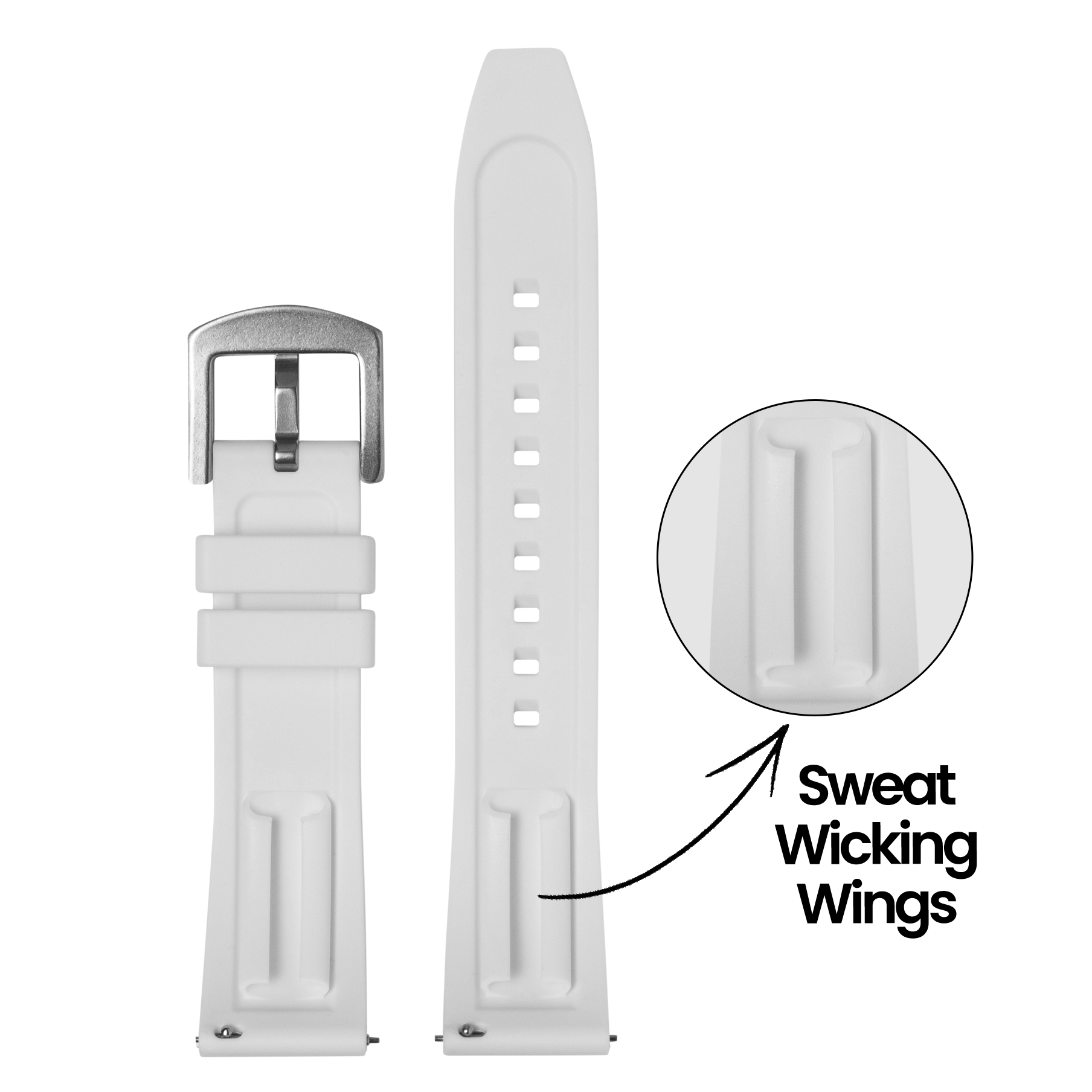 White silicone watch band with quick release buckle and sweat wicking grooves, shown assembled and unassembled with detail view