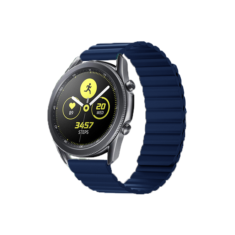 Silver smartwatch with navy blue magnetic silicone loop band, black dial showing fitness metrics and steps counter