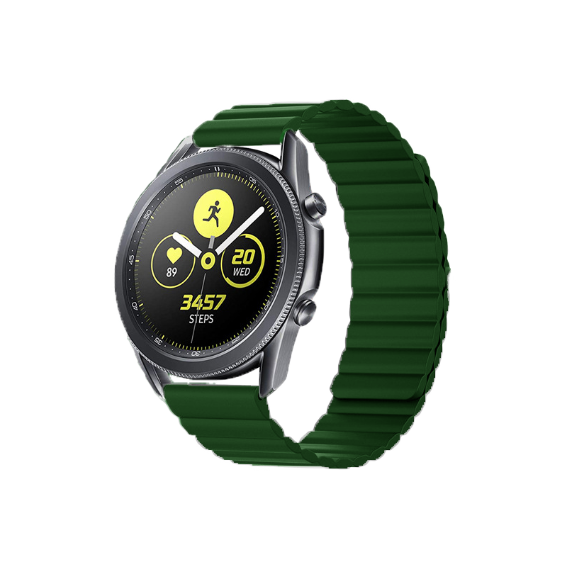 Green magnetic silicone loop band for smartwatch with quick release, fitness tracking display showing steps and heart rate