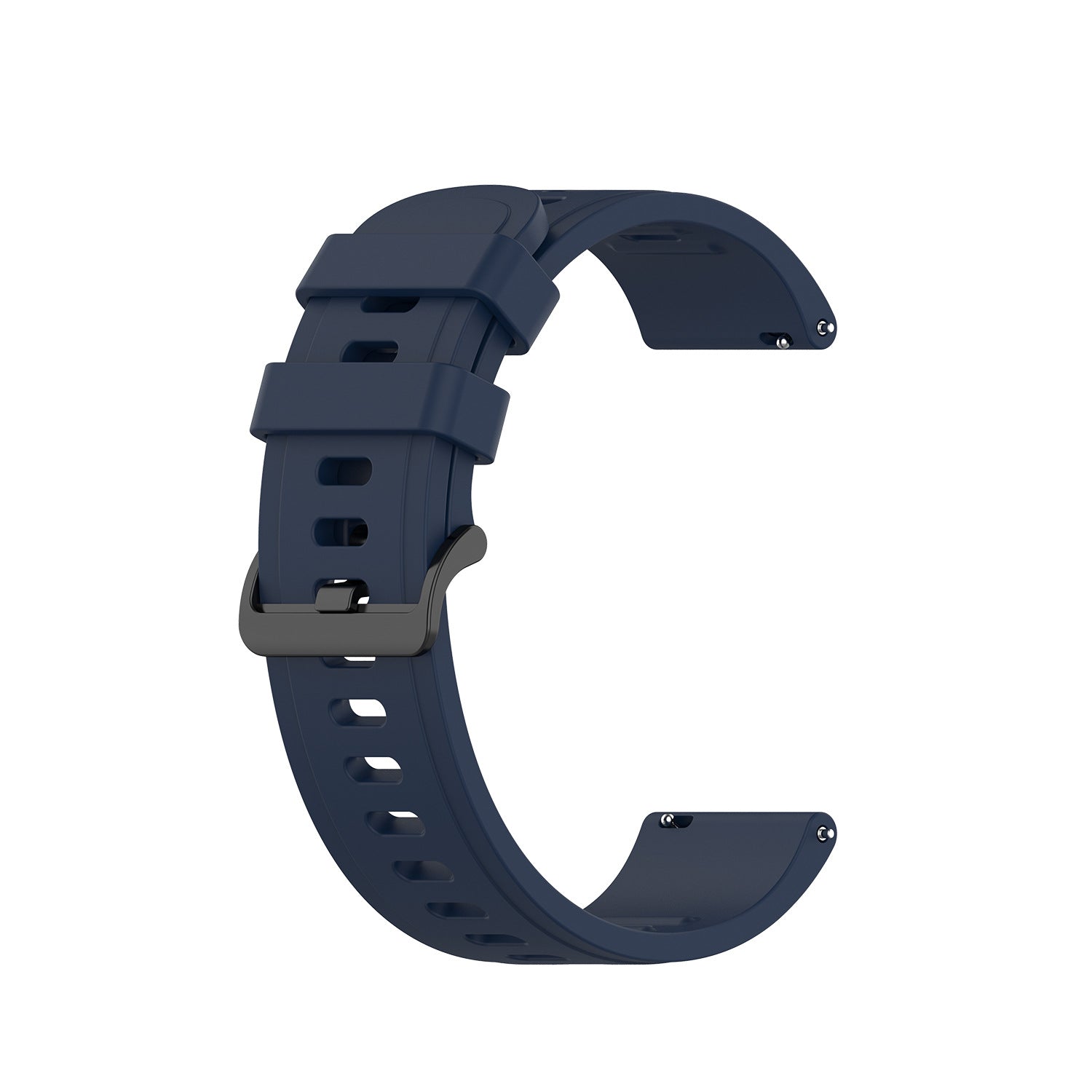 Navy blue silicone watch band with quick release mechanism and black hardware, featuring adjustable fit with ventilation holes