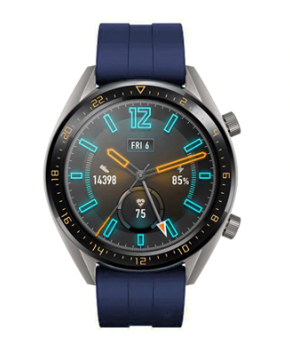 Smartwatch with dark blue silicone strap and circular display showing cyan and orange digital interface details