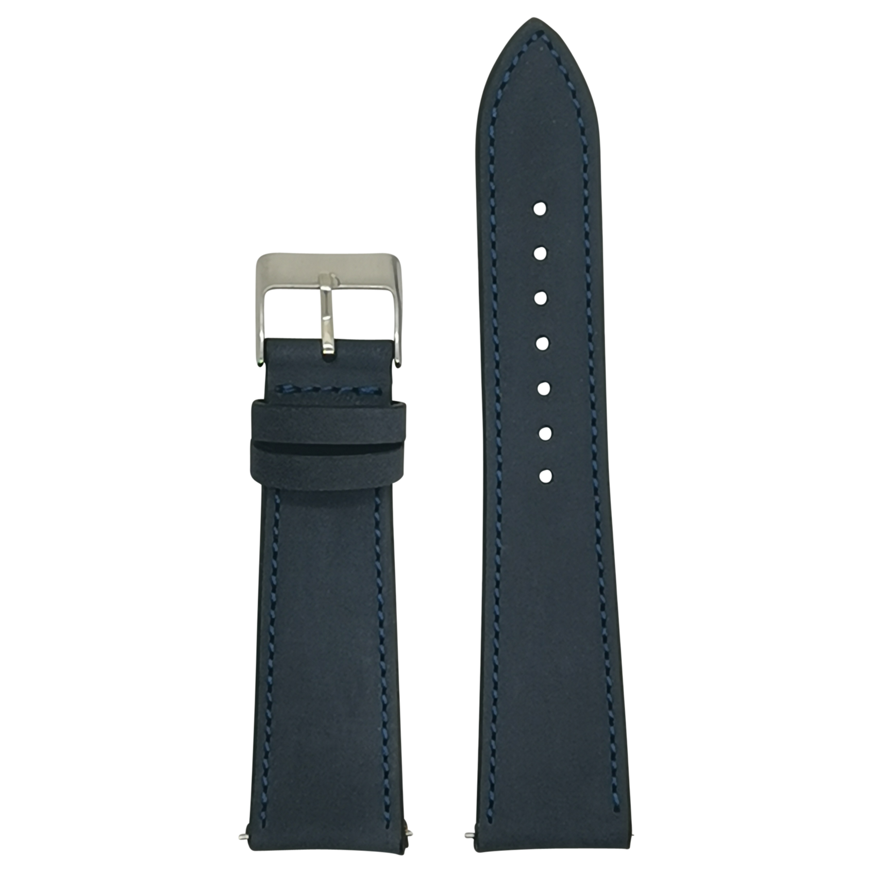 Navy blue nubuck leather watch band 22mm with silver buckle and white stitching detail