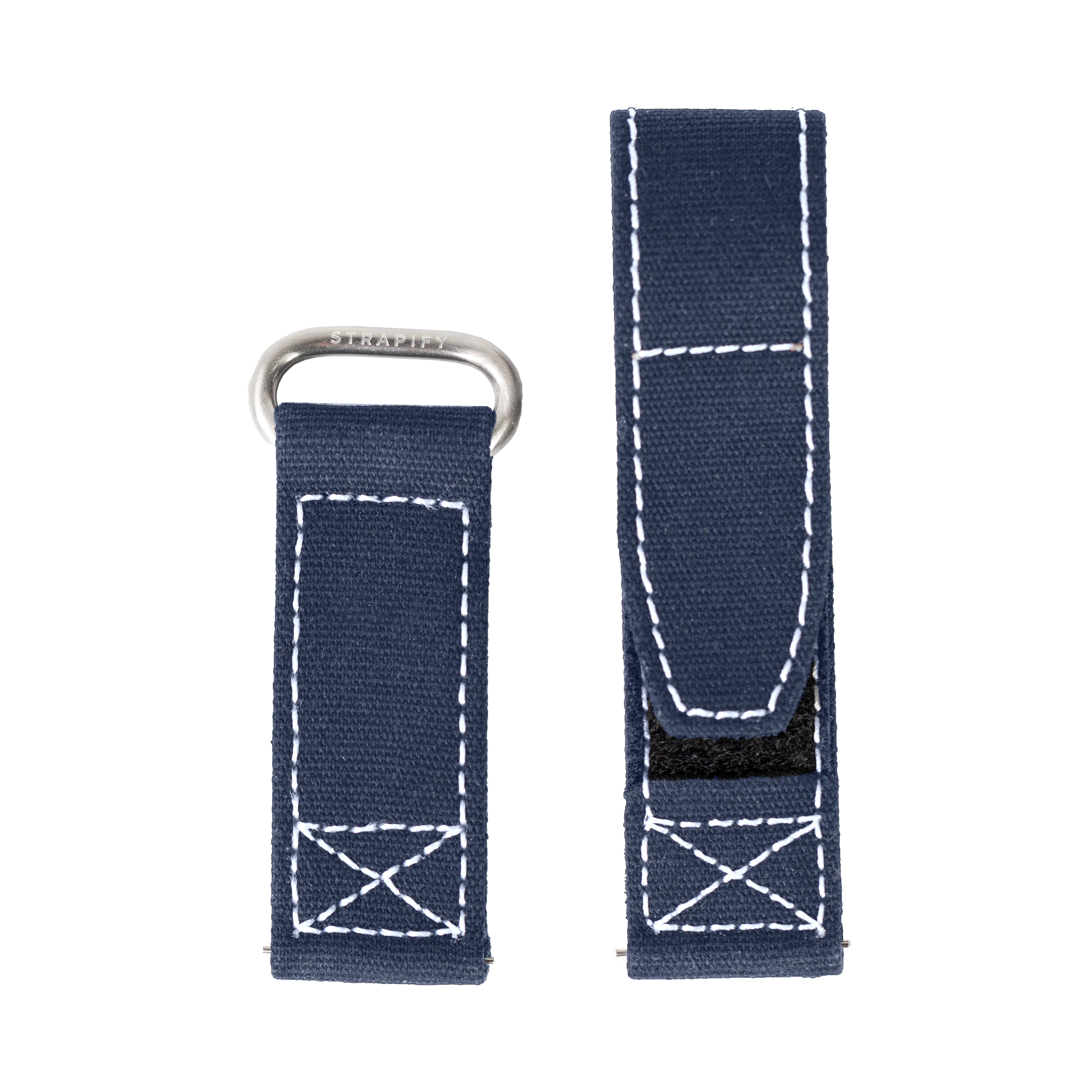 Navy blue canvas watch strap with white stitching, quick-release military velcro closure and silver hardware