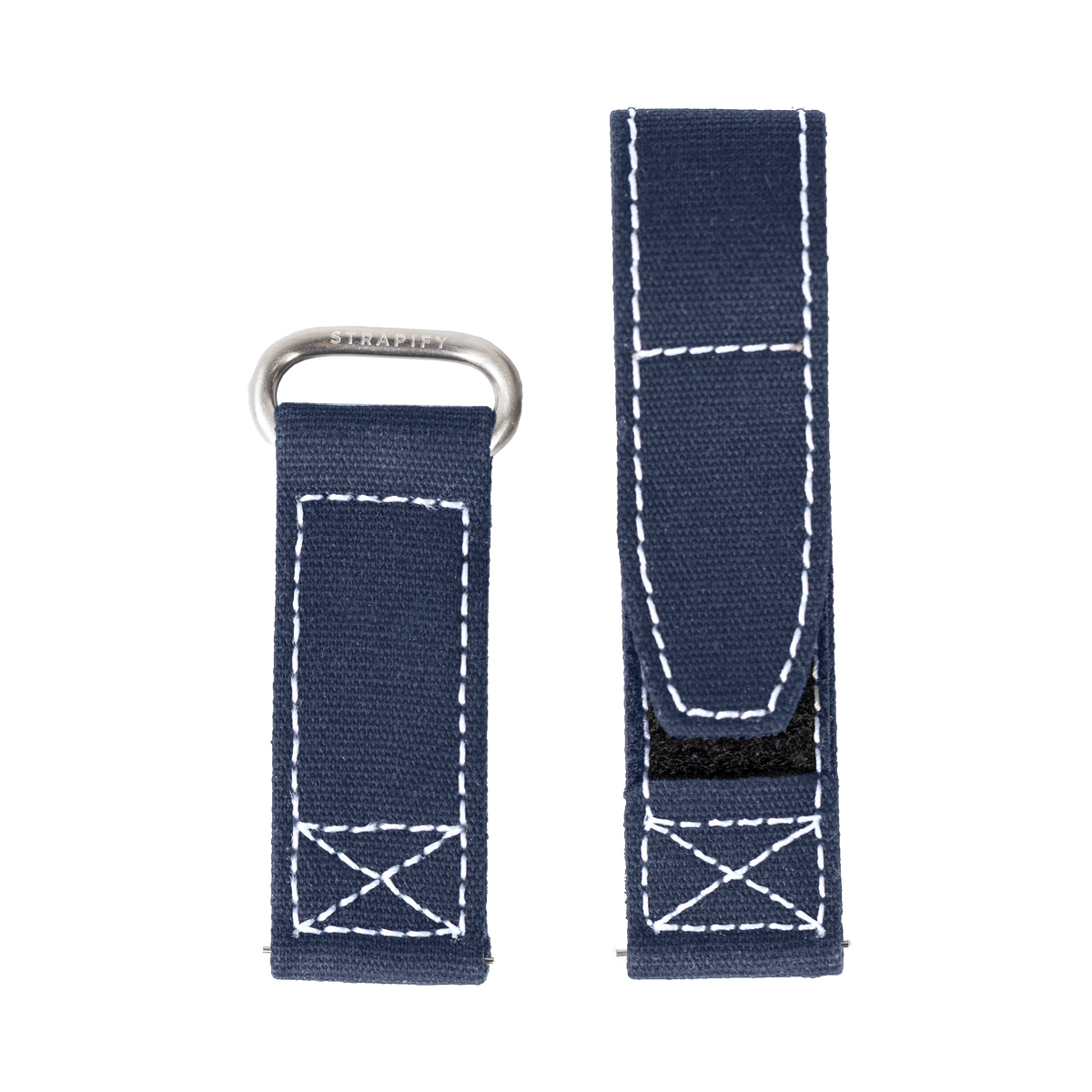 Navy blue canvas Apple Watch band with white stitching, silver metal loop, and hook-and-loop fastener closure