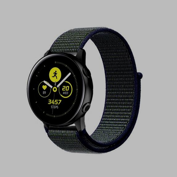Black smartwatch with sports loop velcro band displaying fitness metrics and 3657 steps on yellow watch face
