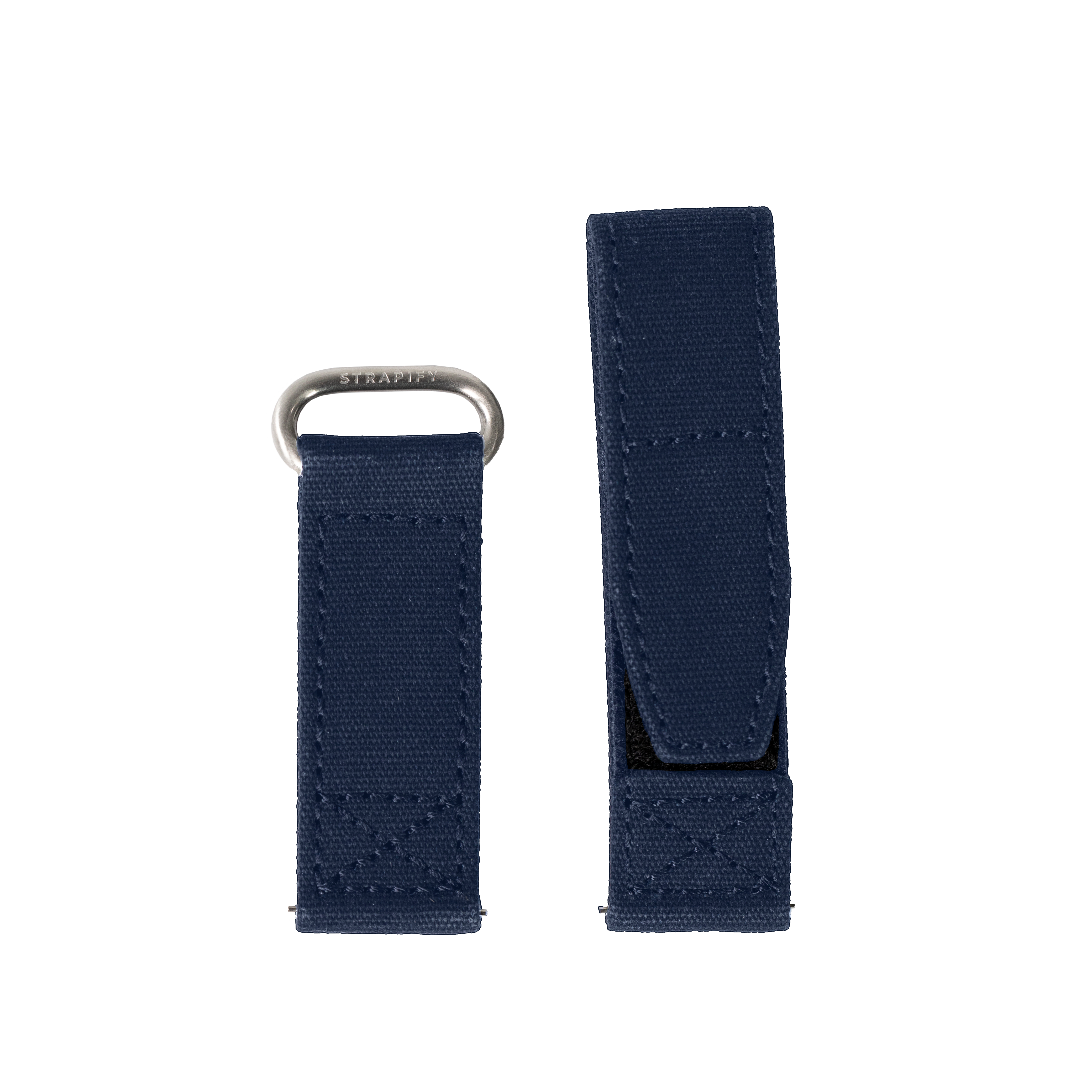 Navy blue nylon military-style watch strap with velcro fastening and metal D-ring loop, 22mm width