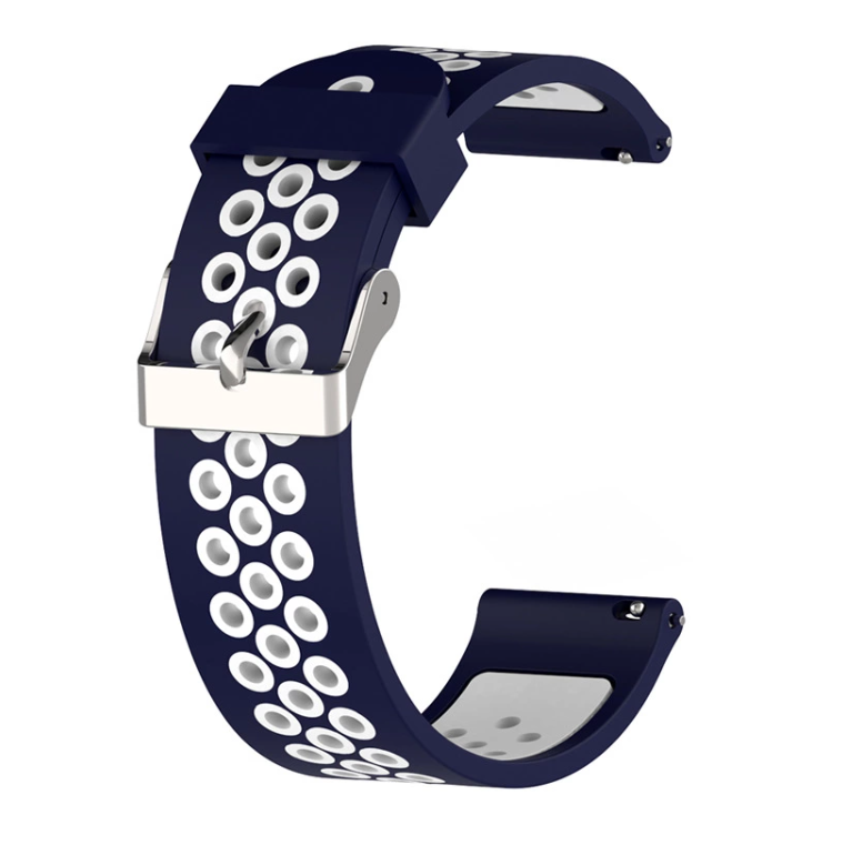 Navy blue and white silicone sport watch band with quick release buckle and ventilation holes