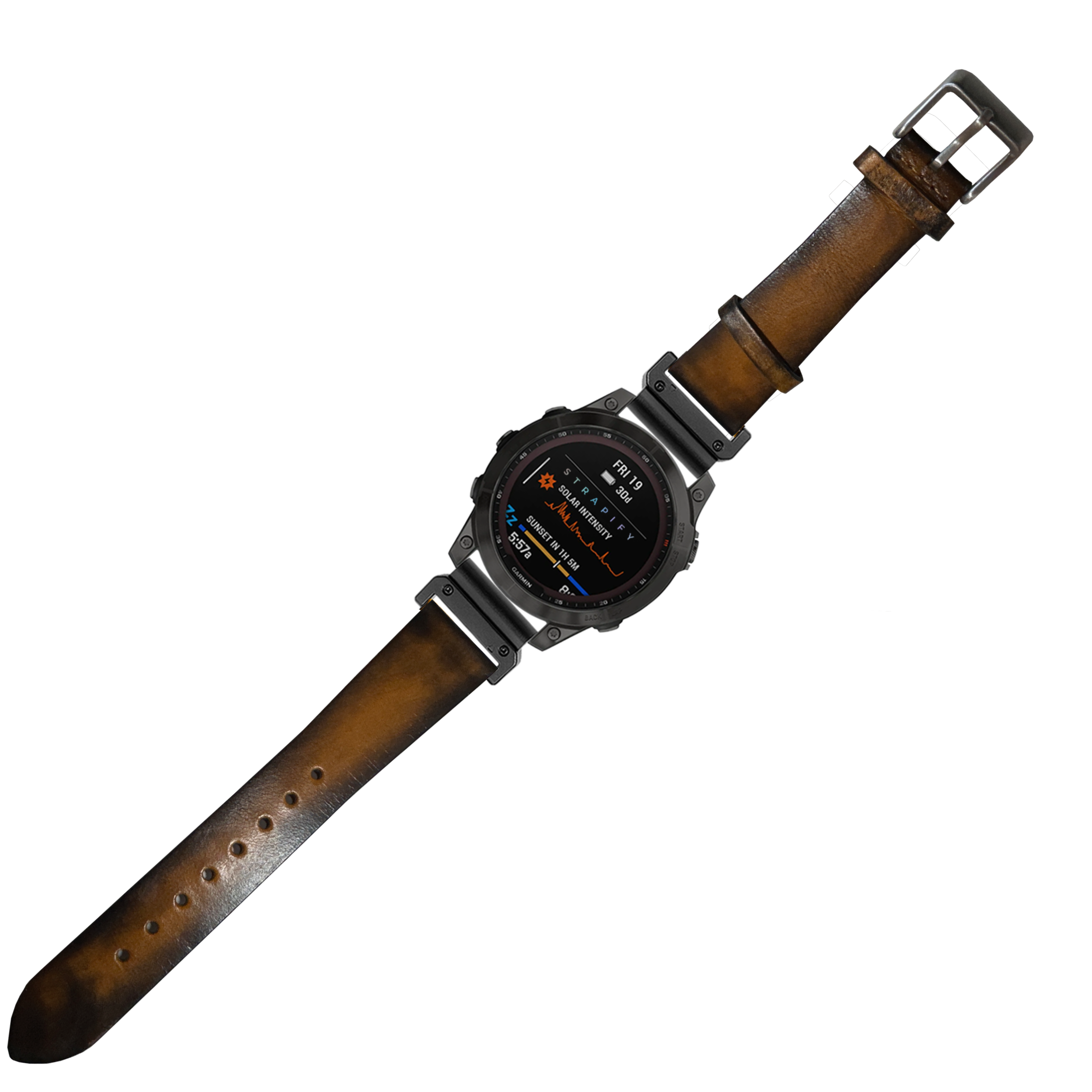 Rugged smartwatch with black digital display and vintage smoked yellow leather QuickFit band, 26mm