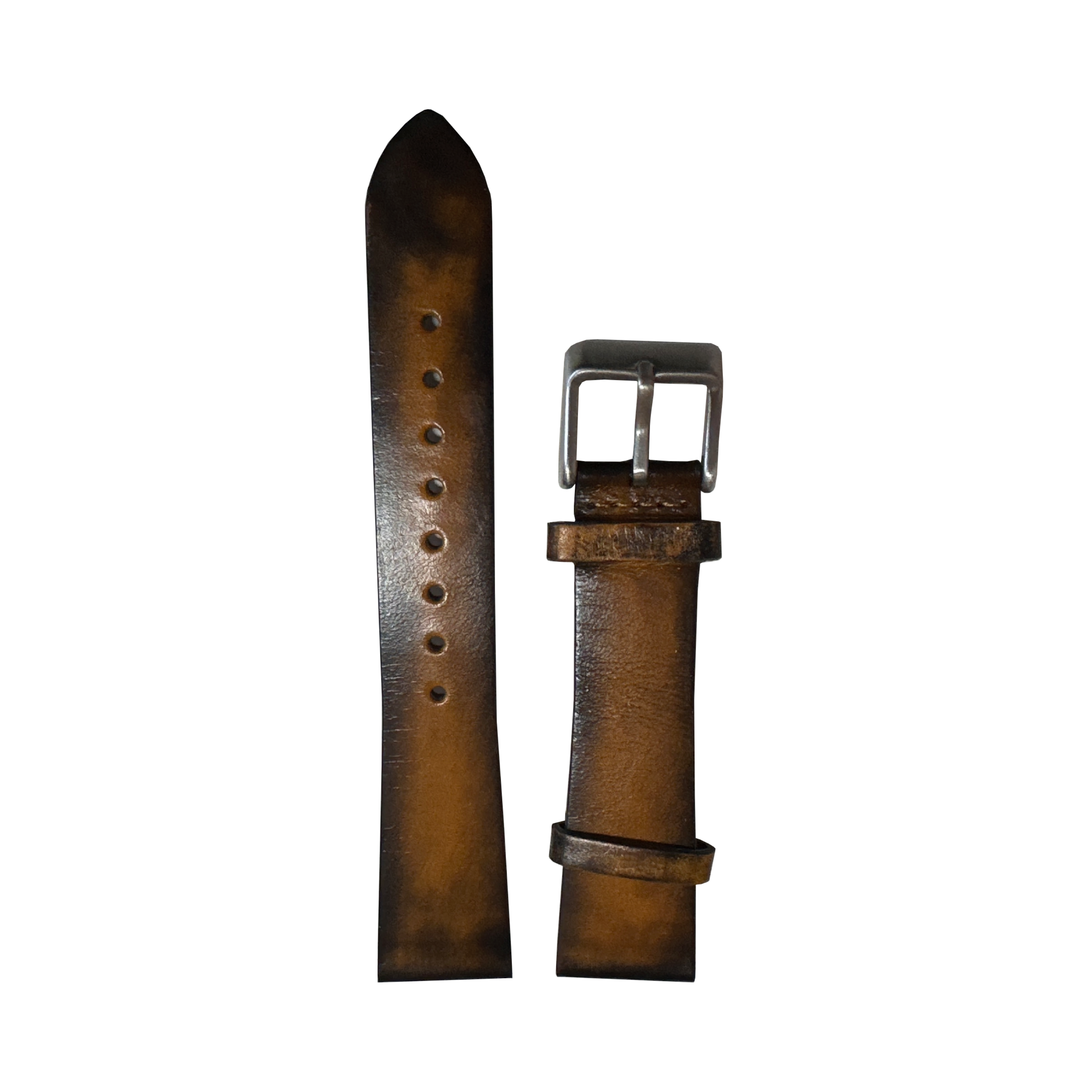 Vintage smoked yellow leather watch strap 26mm with distressed finish and gunmetal buckle, shown assembled and unattached