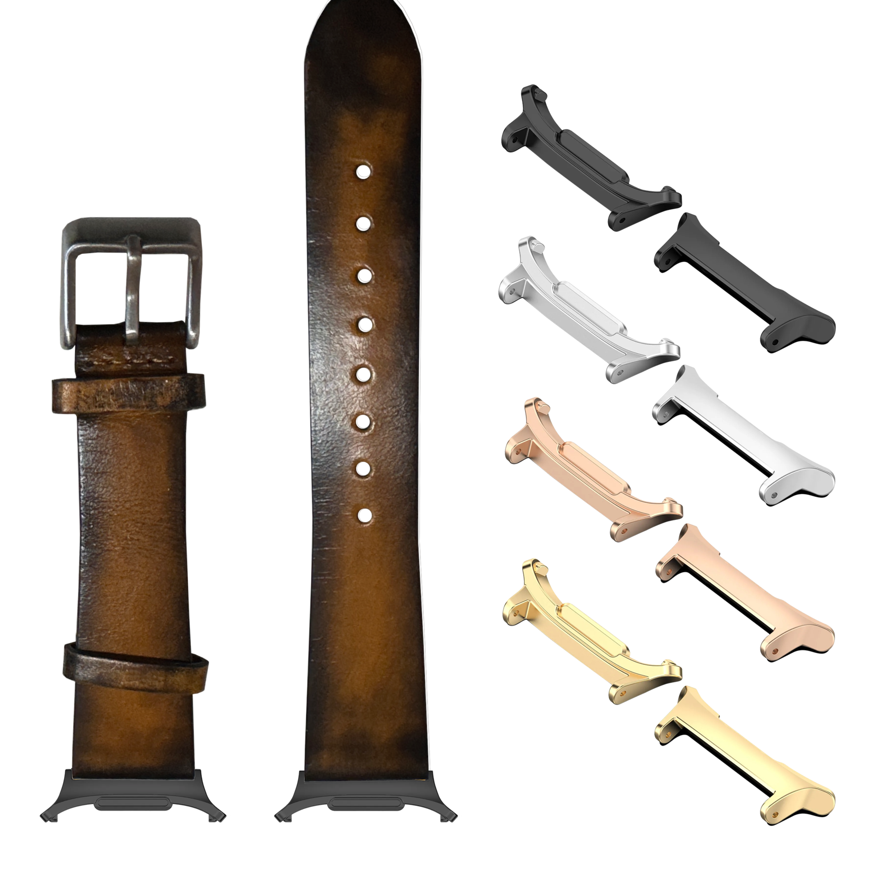 Vintage smoked yellow leather watch band with matching buckle, interchangeable lugs in multiple metal finishes, and included replacement straps for customization