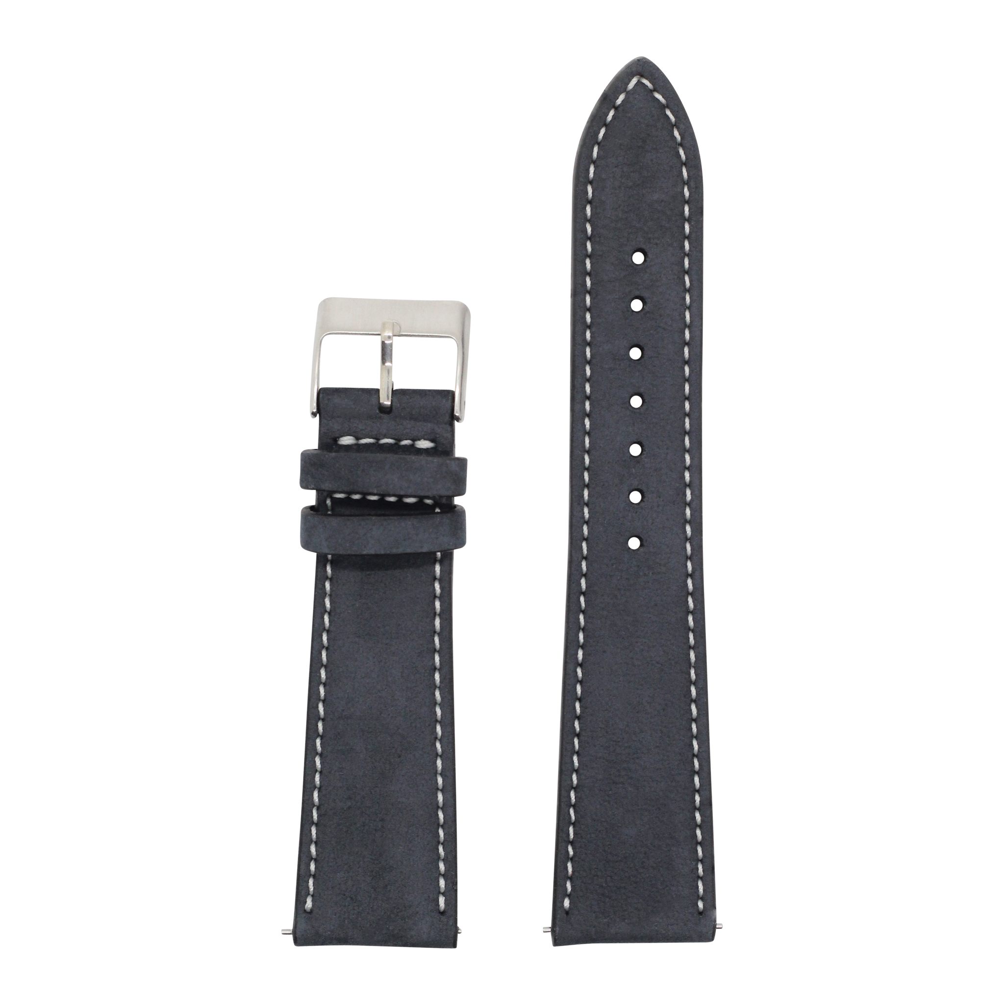 Black nubuck leather watch band 22mm with white stitching and stainless steel buckle