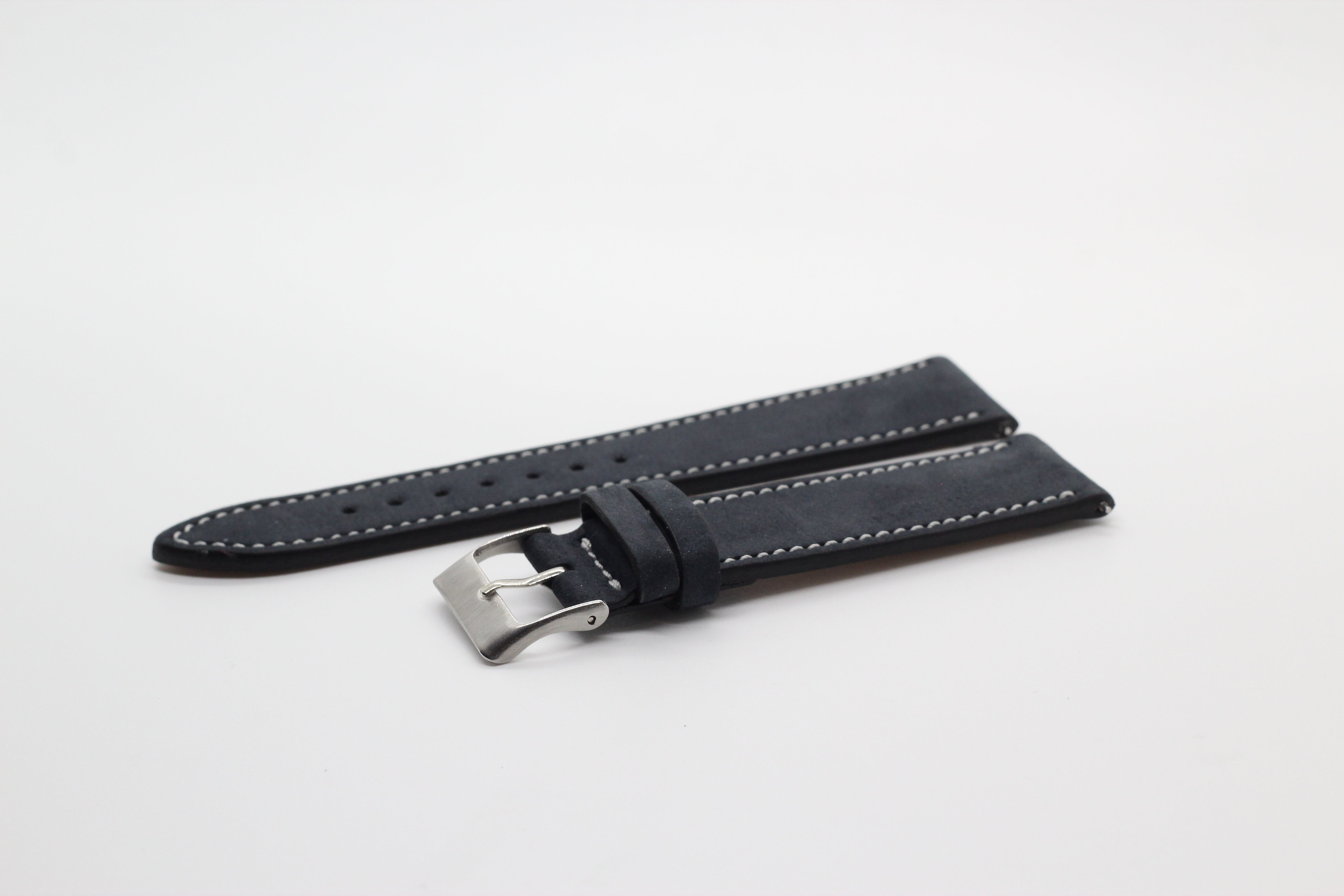Black nubuck leather quick release watch band with white contrast stitching and stainless steel buckle