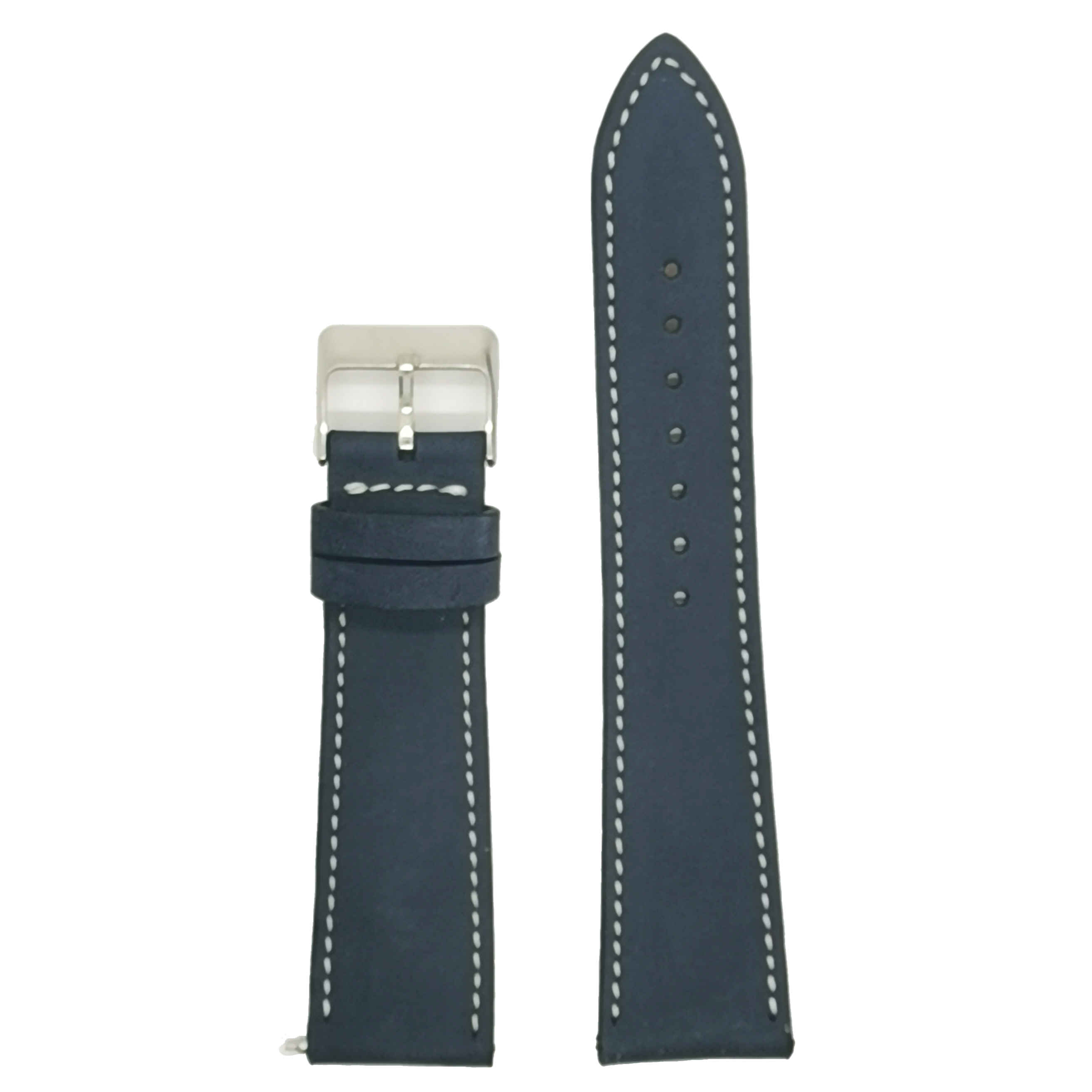 Navy blue nubuck leather watch strap 22mm with white stitching and stainless steel buckle