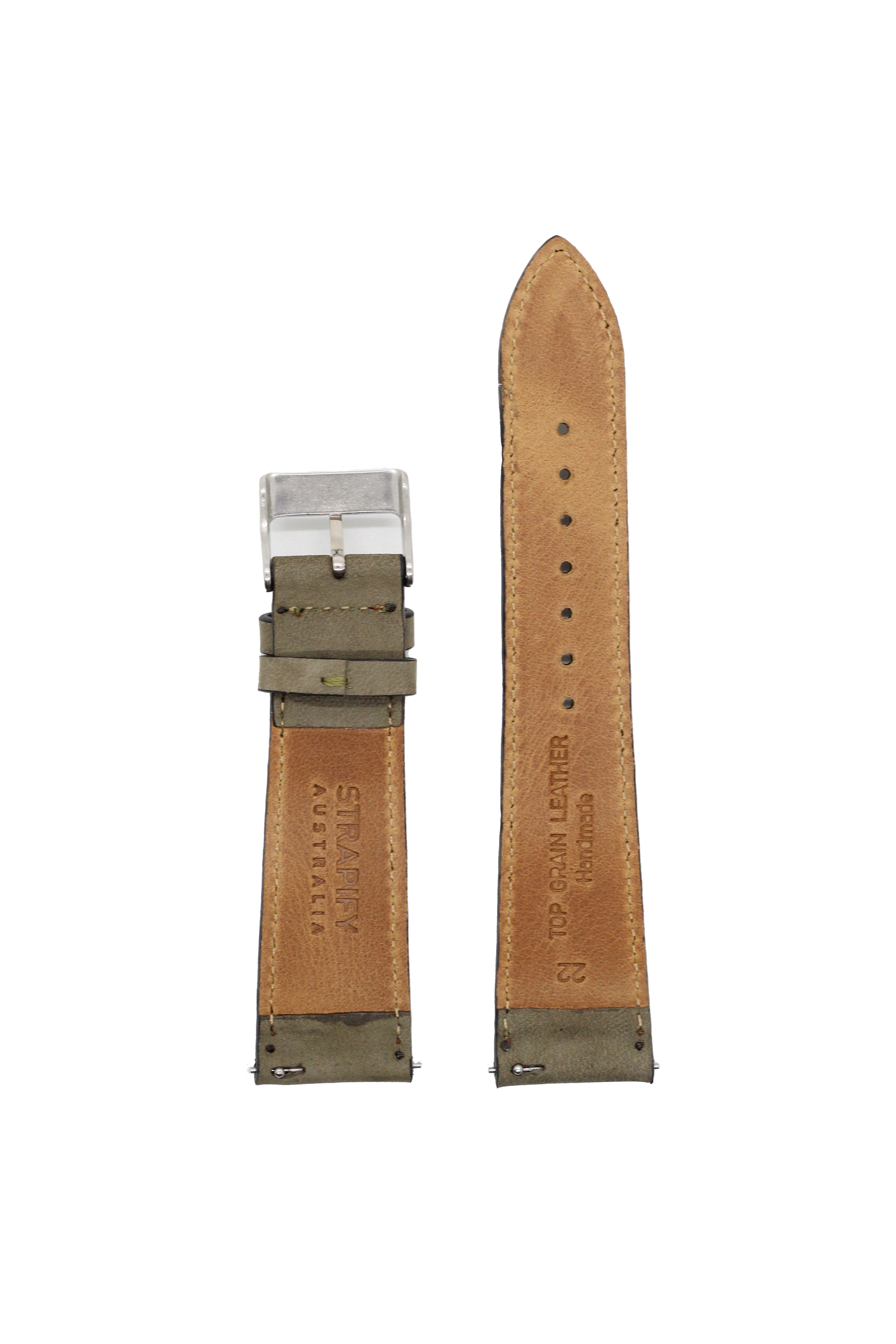 Olive green nubuck leather quick release watch strap with silver buckle and tan reverse side