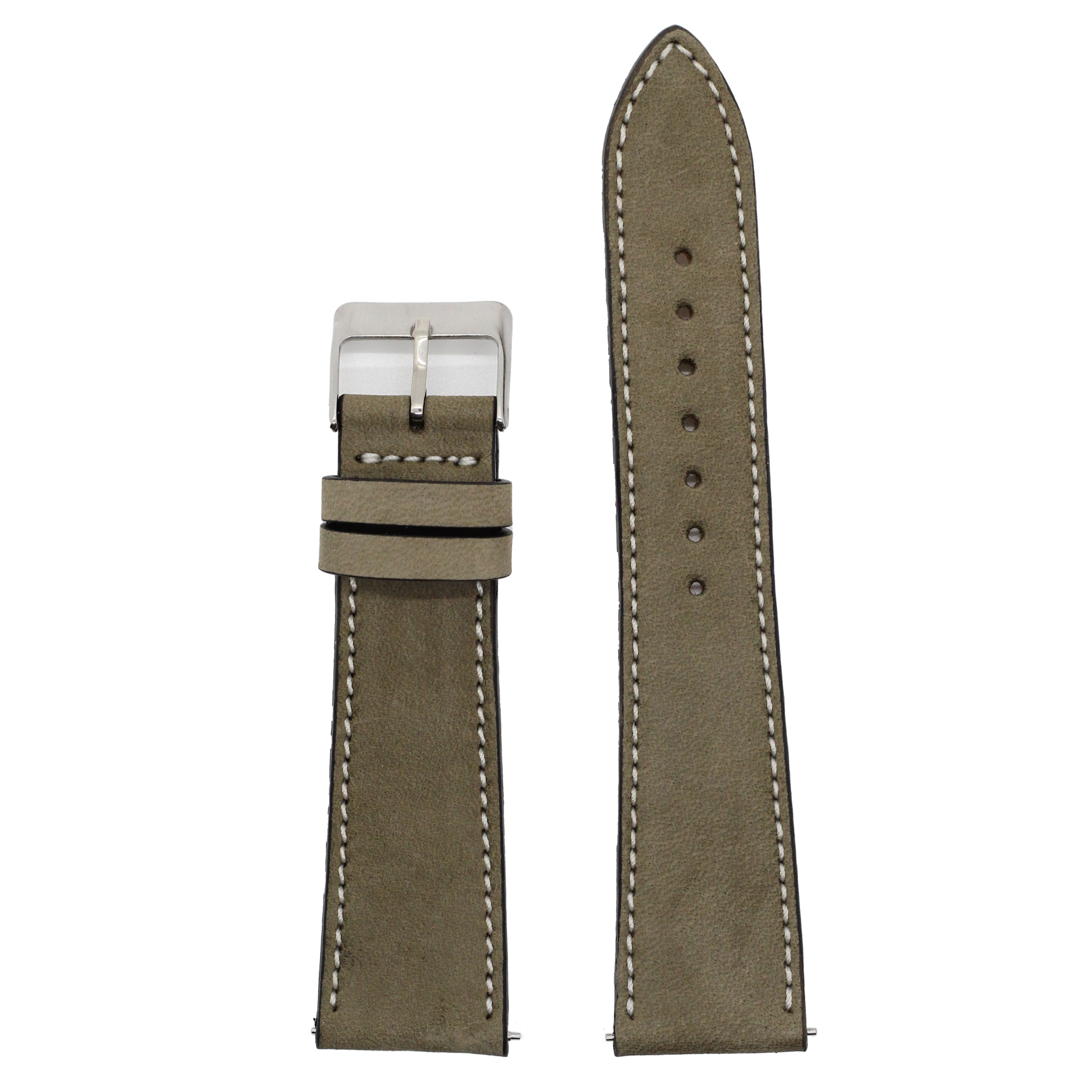 Olive green nubuck leather watch strap 22mm with white contrast stitching and stainless steel buckle