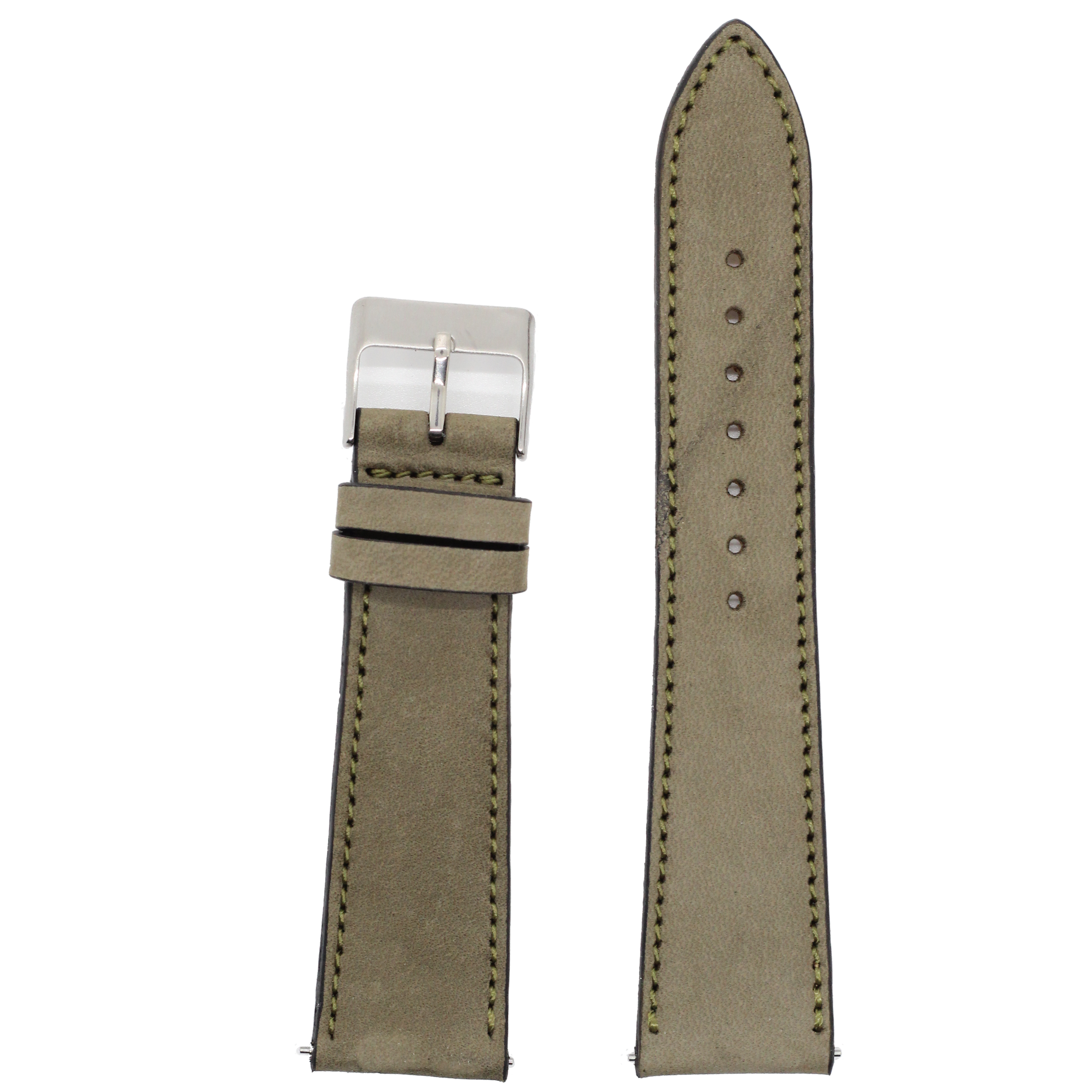Olive green nubuck leather watch strap 22mm with silver buckle and stitched edges