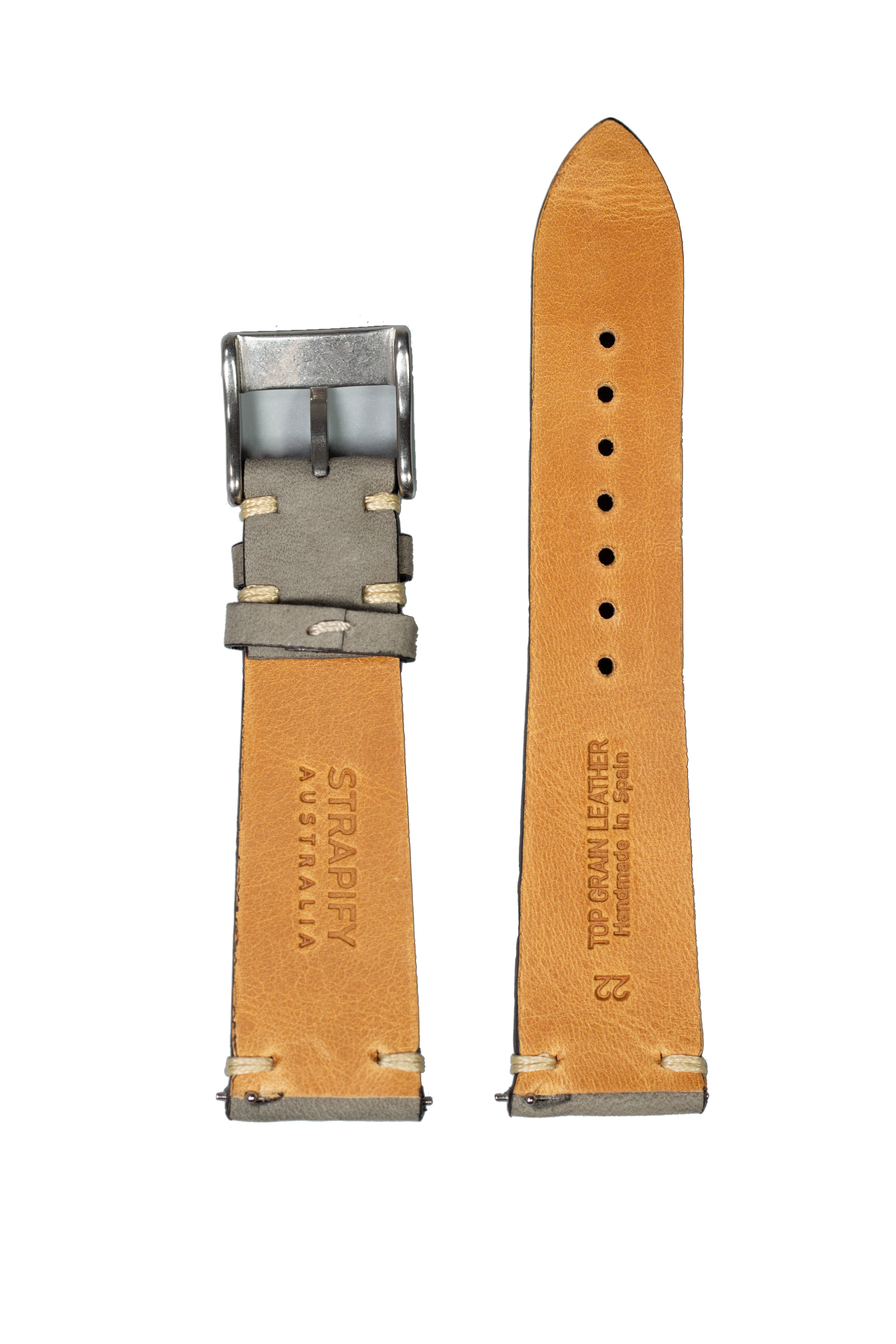 Tan nubuck leather watch strap with grey quick release buckle and vintage knotted design, front and back view