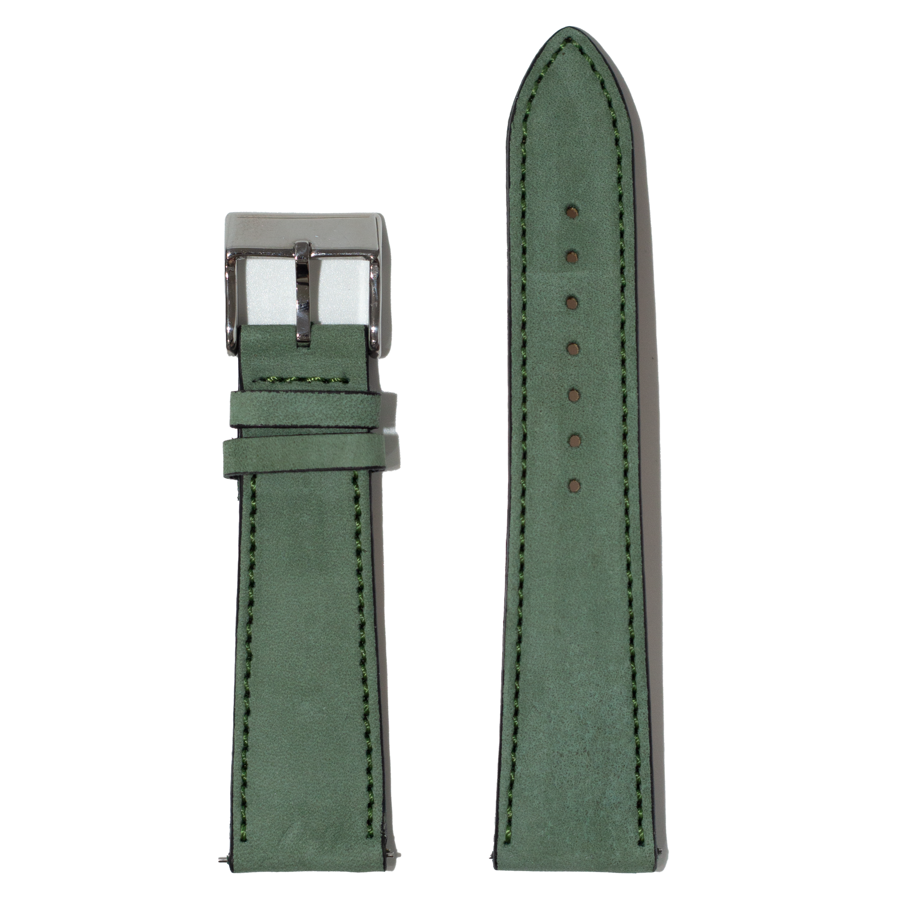 Green nubuck leather watch strap 22mm with quick-fit buckle and stitched edges