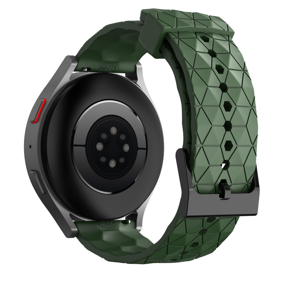 Smartwatch with black circular face and multi-sensor display, paired with quick-release olive green silicone band featuring geometric hexagon pattern and black hardware connectors