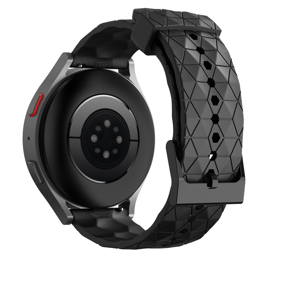 Black sports smartwatch with geometric silicone band and quick release system, featuring circular display and red accent button