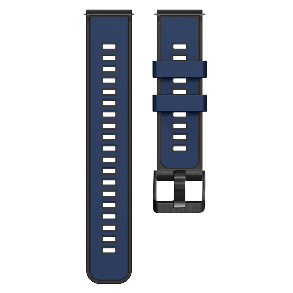 Navy blue silicone watch band with quick release mechanism, black hardware, and adjustable straps shown flat and attached