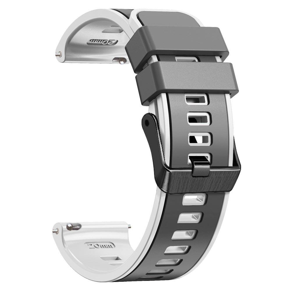 Two tone black and white silicone smartwatch band with quick release mechanism and black hardware connector