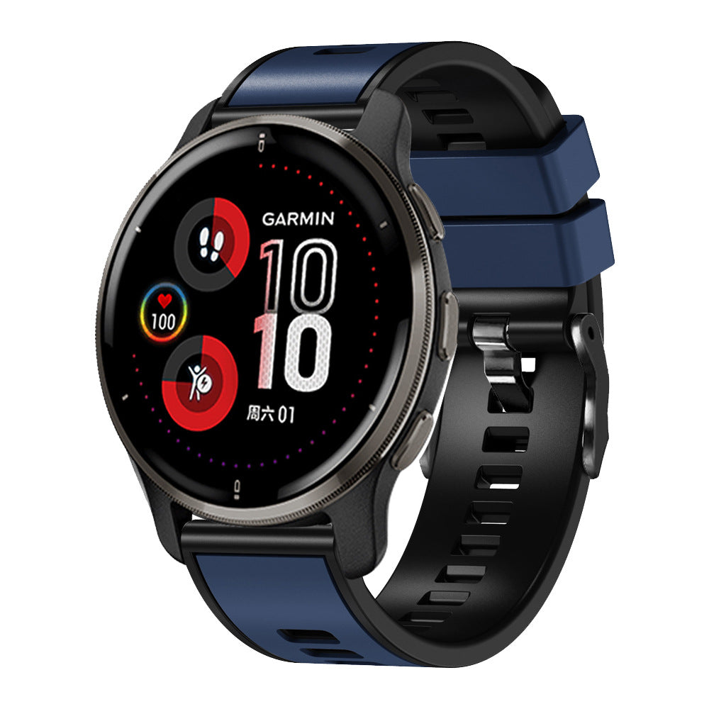 Garmin smartwatch with blue and black silicone quick-release bands, showing health metrics on AMOLED display