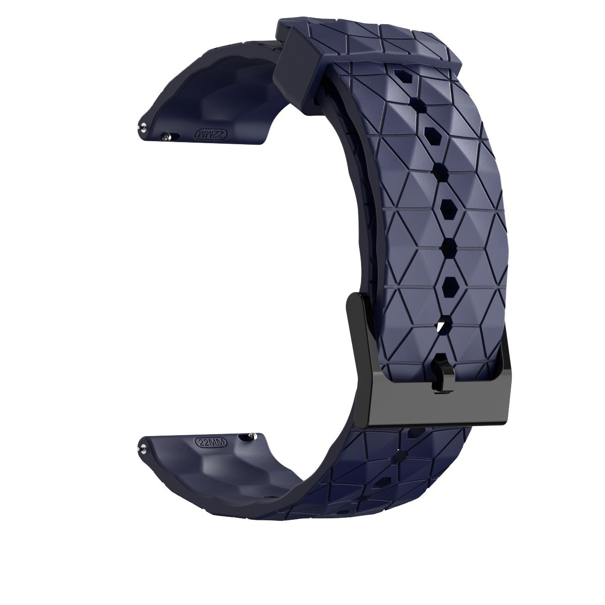 Navy blue geometric silicone smartwatch band with quick release black hardware and textured honeycomb pattern design