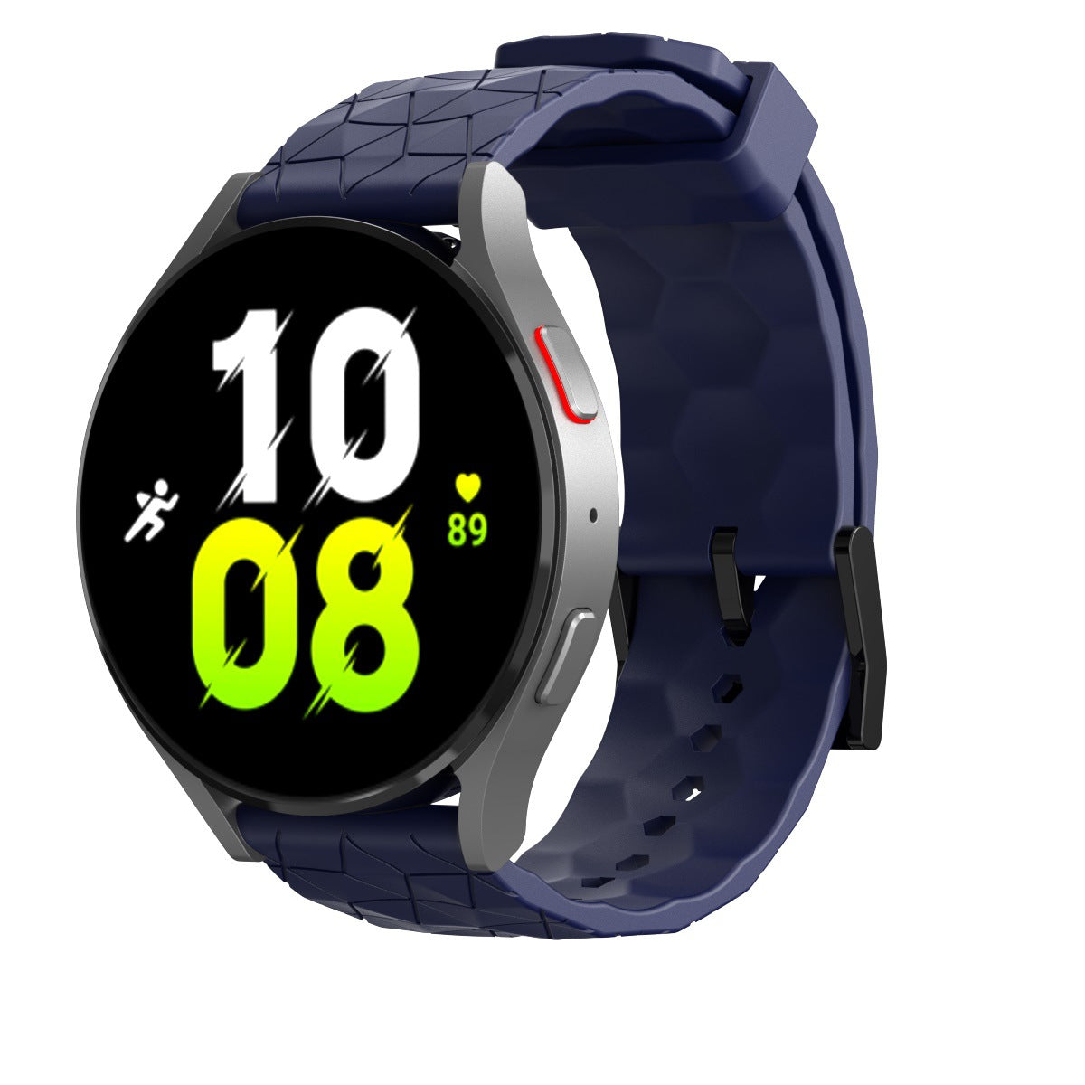 Navy blue silicone smartwatch with gray hardware and textured band, displaying time on black AMOLED screen