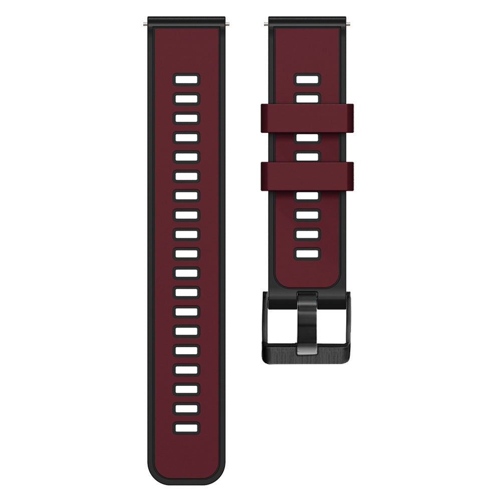 Burgundy silicone watch band with quick release, black hardware buckle, shown folded and unfolded