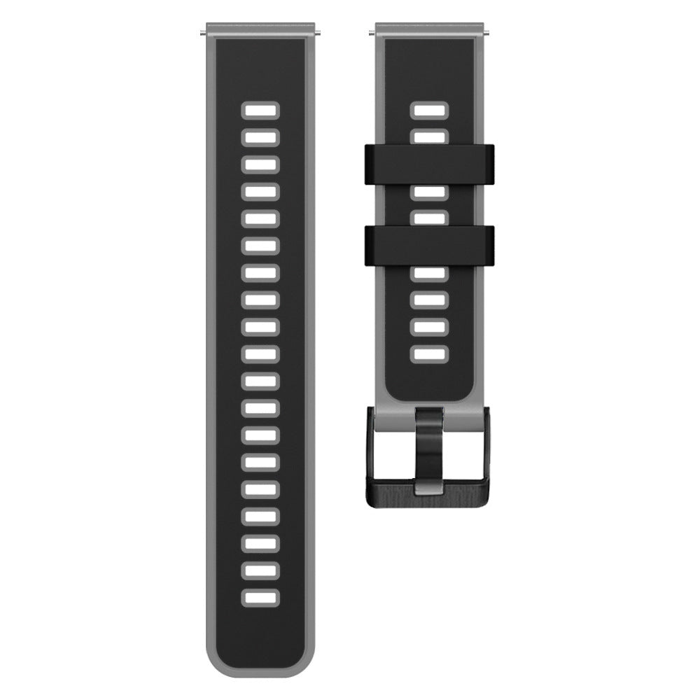 Black silicone quick release watch band with gray hardware and dual adjustment straps