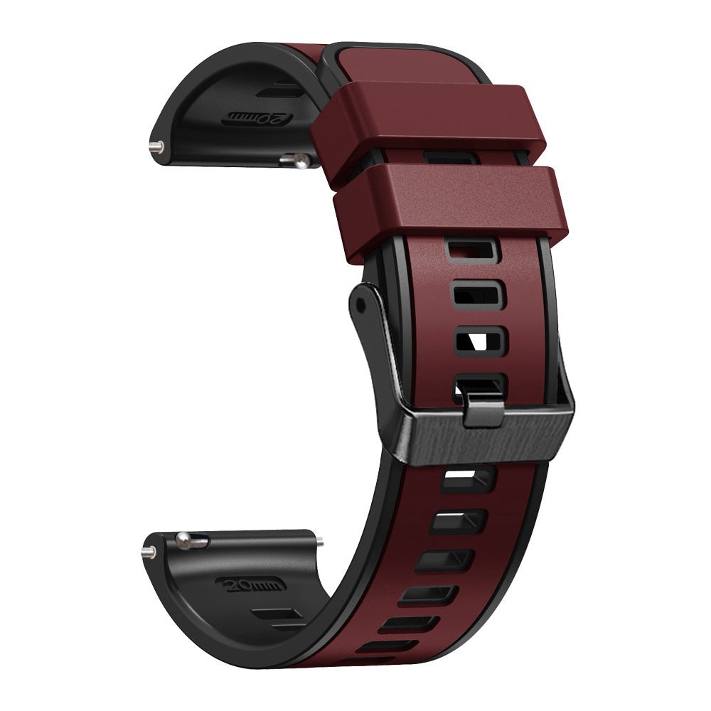 Two-tone burgundy and black silicone quick release smartwatch band with black hardware and metal connectors