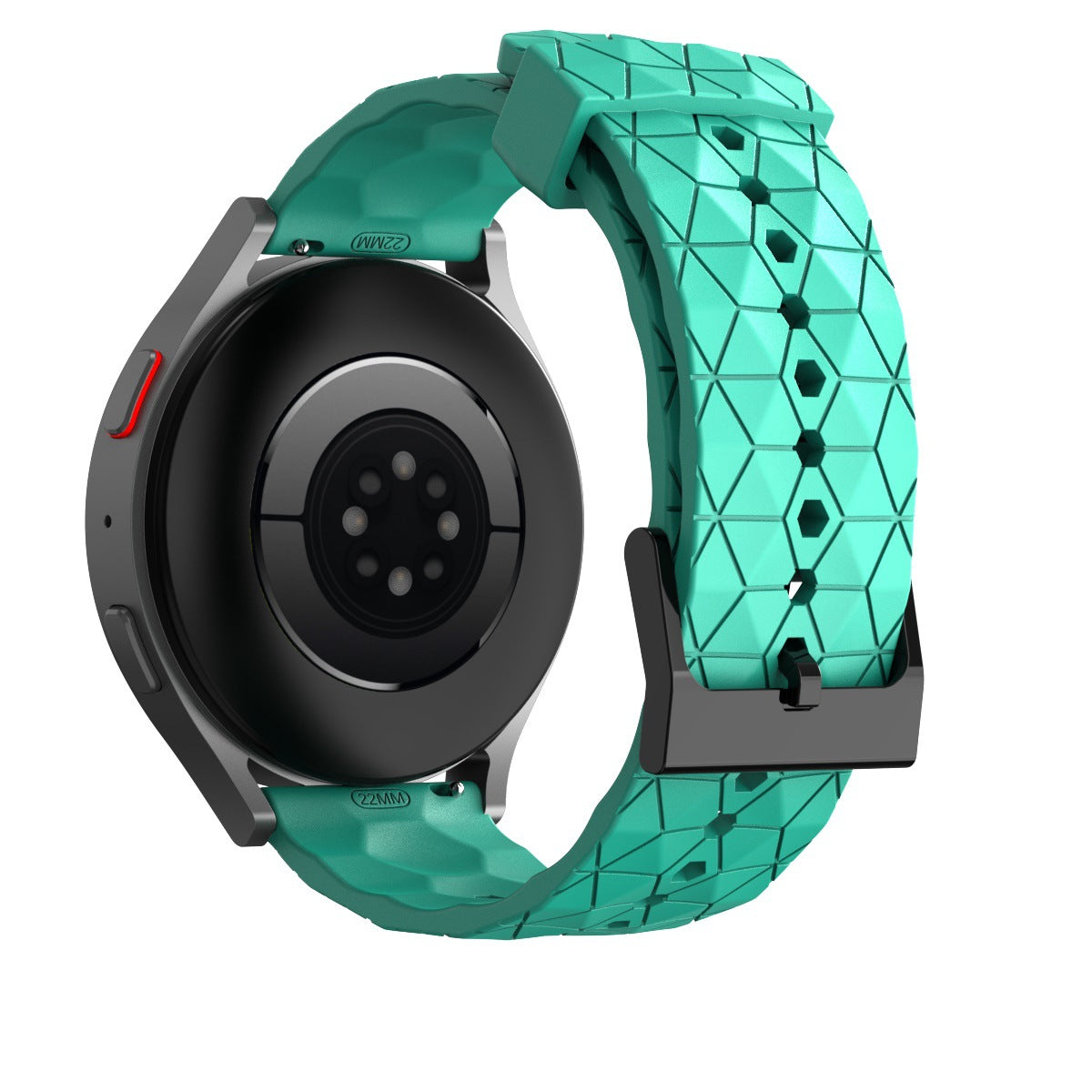Turquoise silicone smartwatch band with geometric prism pattern and black hardware quick release connector on dark face watch