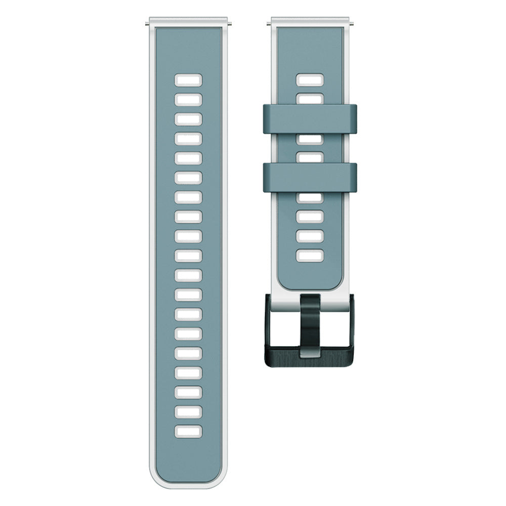 Slate blue silicone watch band with quick release pins and black hardware, shown extended and folded view