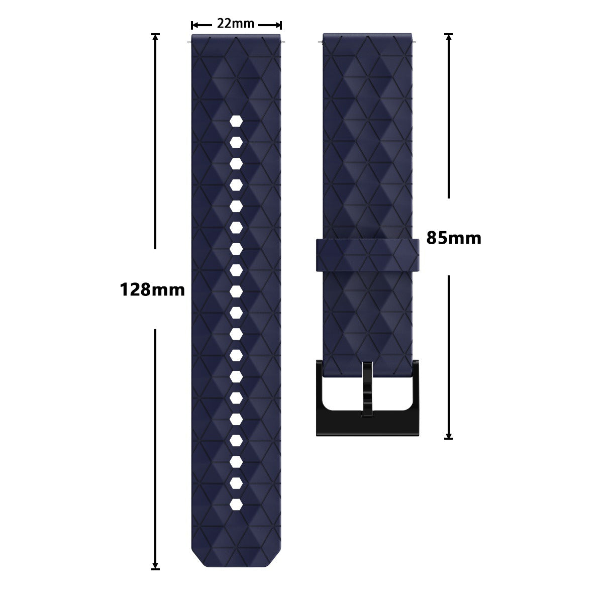 Navy quilted silicone quick release watch band with white hex markers and black hardware, 22mm width