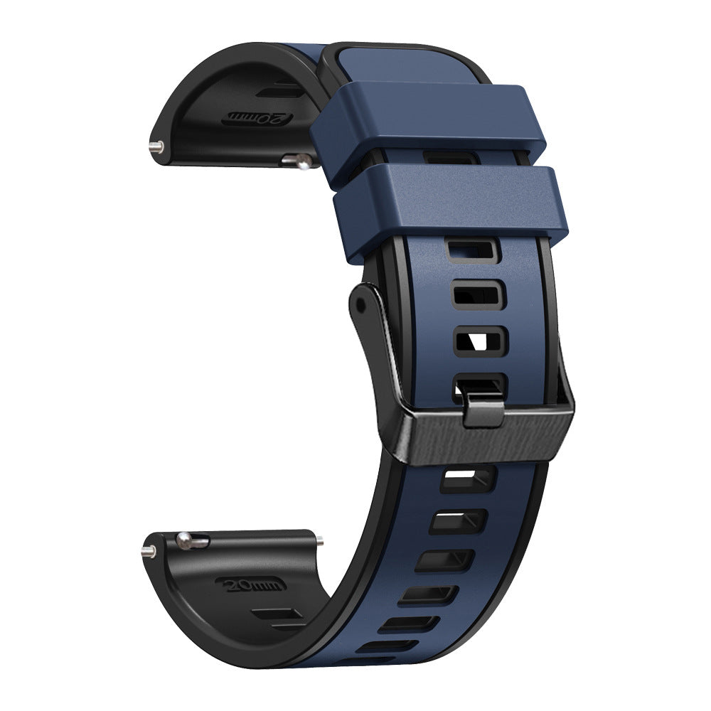 Two tone blue and black silicone smartwatch band with quick release pins and black hardware connector