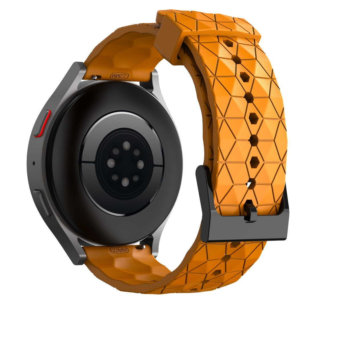 Black sport smartwatch with orange geometric patterned silicone quick release band and black hardware clasp