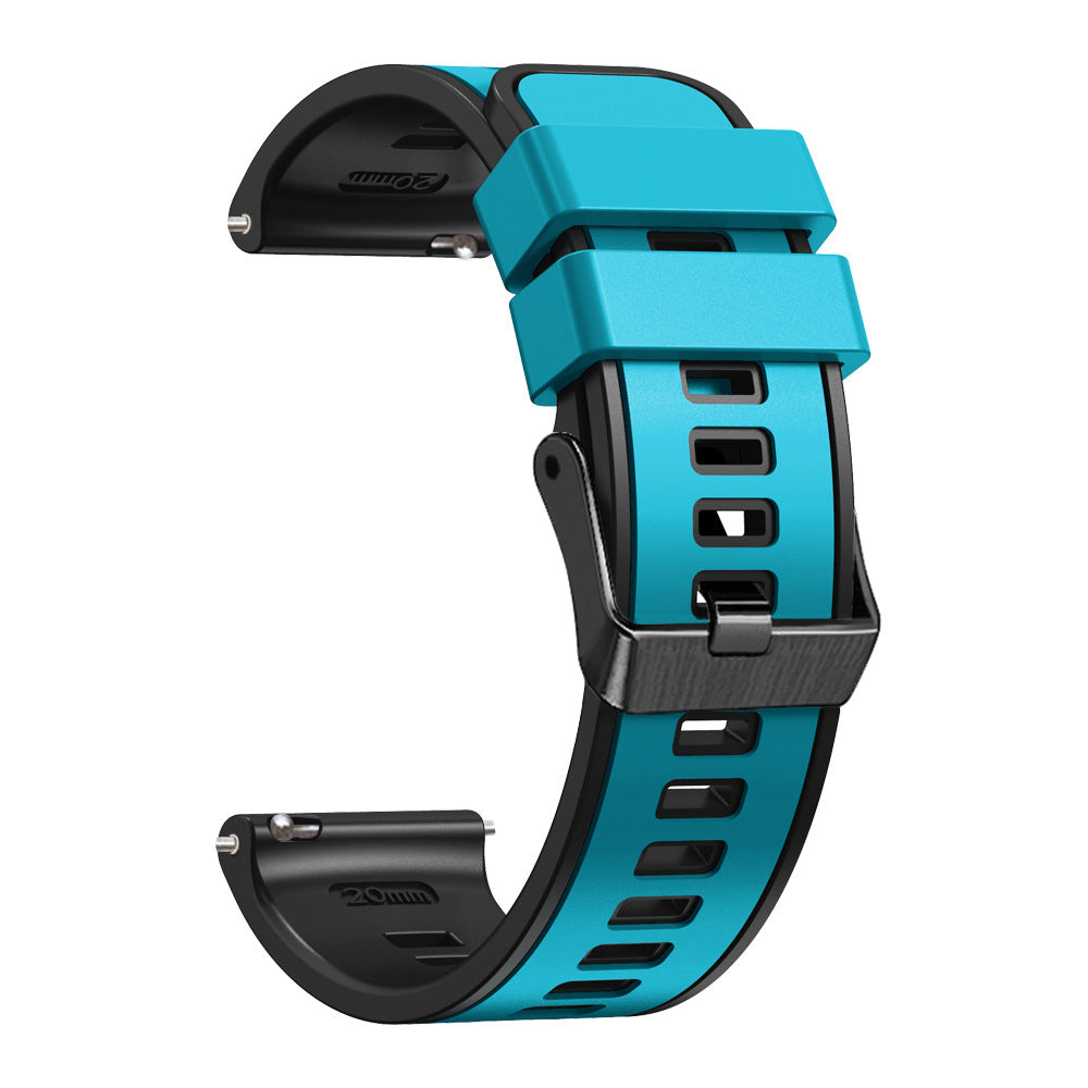 Two-tone turquoise and black silicone watch band with quick-release pins and black hardware connectors