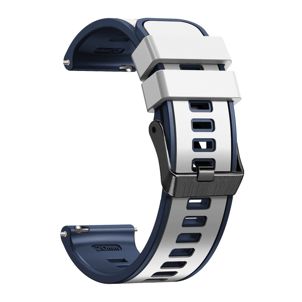 Two tone silicone smartwatch band with quick release mechanism, navy blue and white strap with black hardware connector