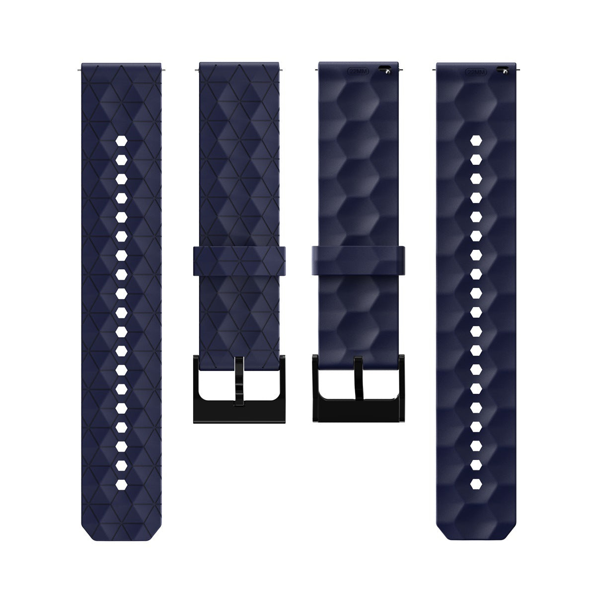Navy blue silicone smartwatch bands with geometric prism pattern, white dots, and quick release black hardware in multiple views