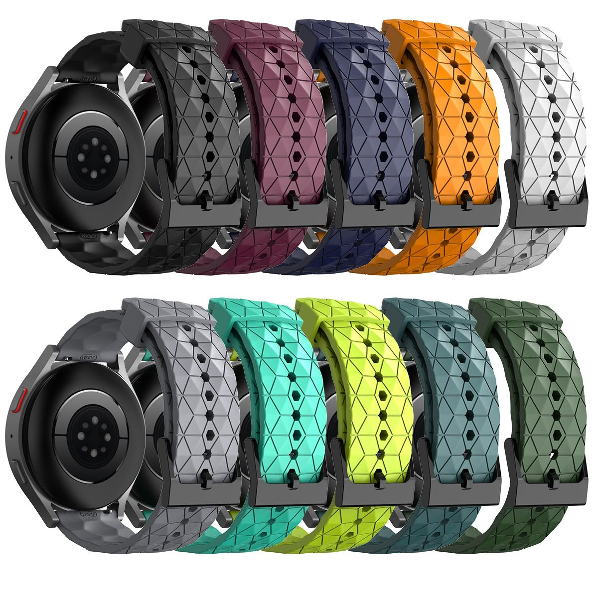 Quick release silicone watch band with geometric prism pattern in multiple colors including black, burgundy, navy, orange, white, gray, mint, yellow and olive green with black hardware