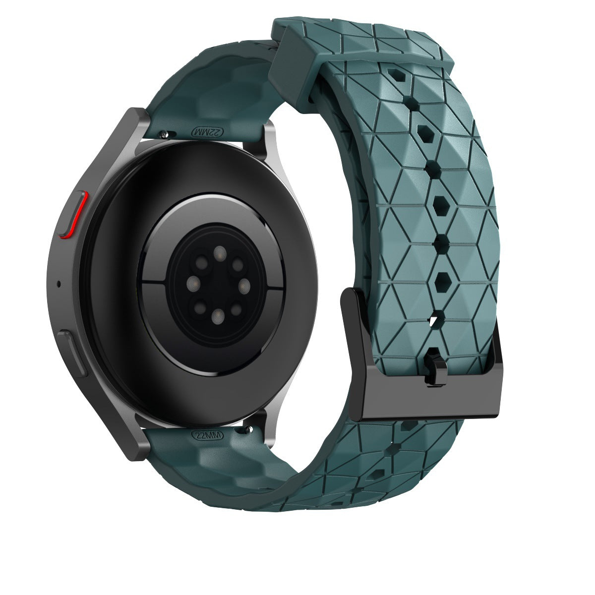 Prism silicone smartwatch band with quick release and black hardware in teal green geometric pattern design