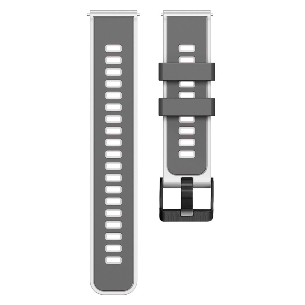 Two tone gray silicone smartwatch band with quick release buckle and black hardware shown extended and rolled