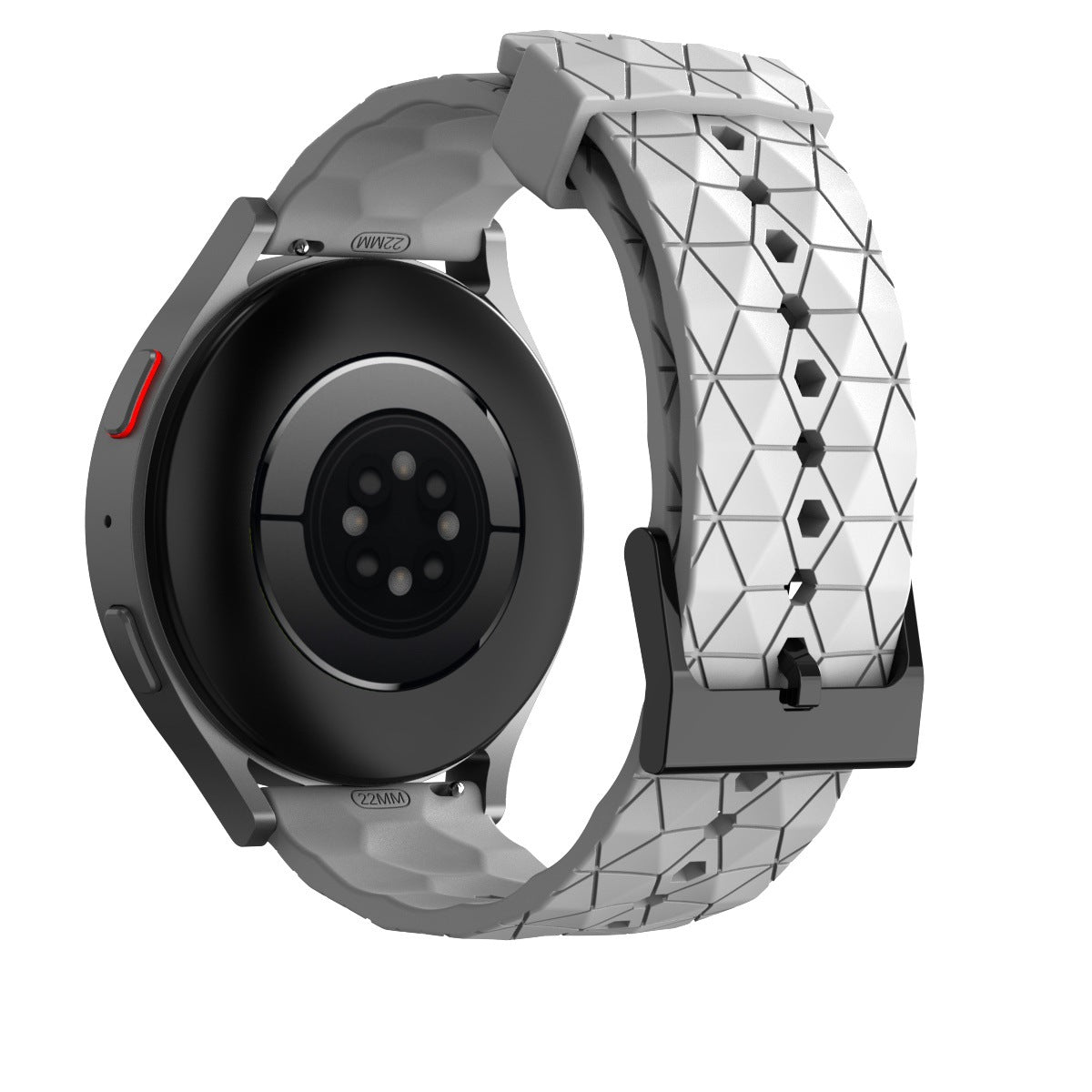 Gray smartwatch with geometric prism pattern silicone band and black hardware quick release system
