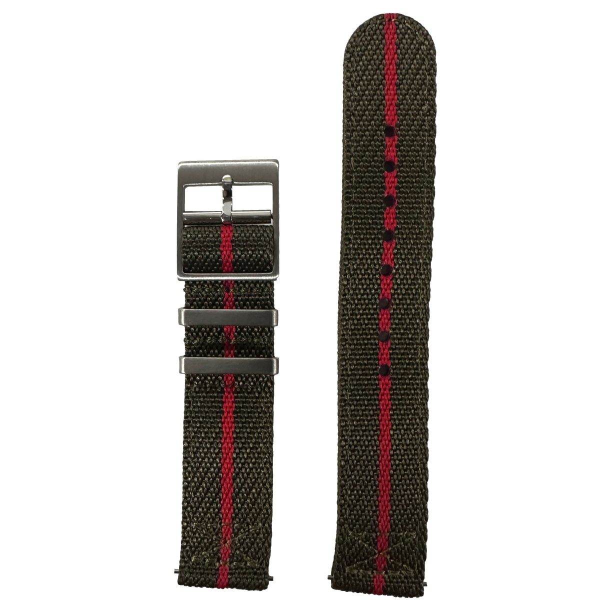 Olive green and red striped fabric watch strap with gunmetal buckle, 26mm quick-fit military style band