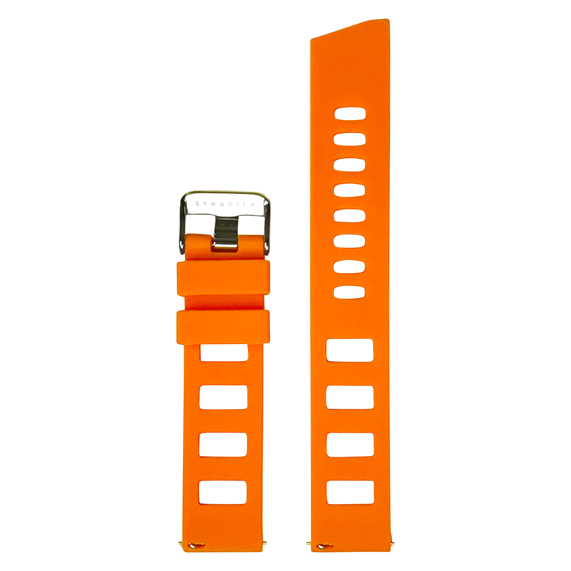 Bright orange silicone watch band with quick release mechanism and perforated slots, shown assembled and unassembled