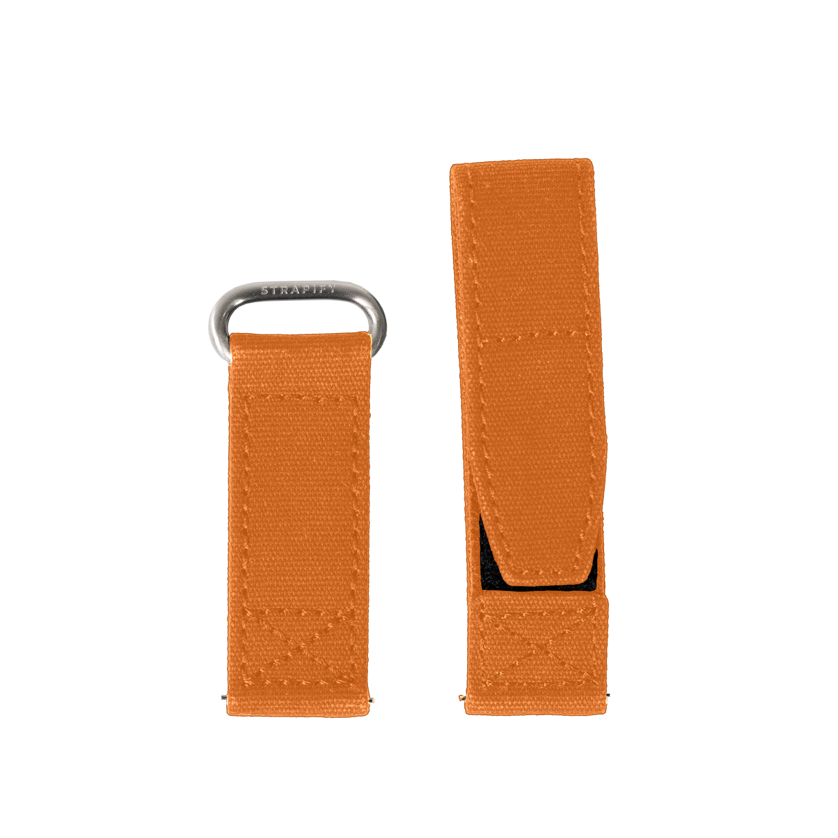 Orange military velcro watch band with metal loop hardware shown folded and unfolded