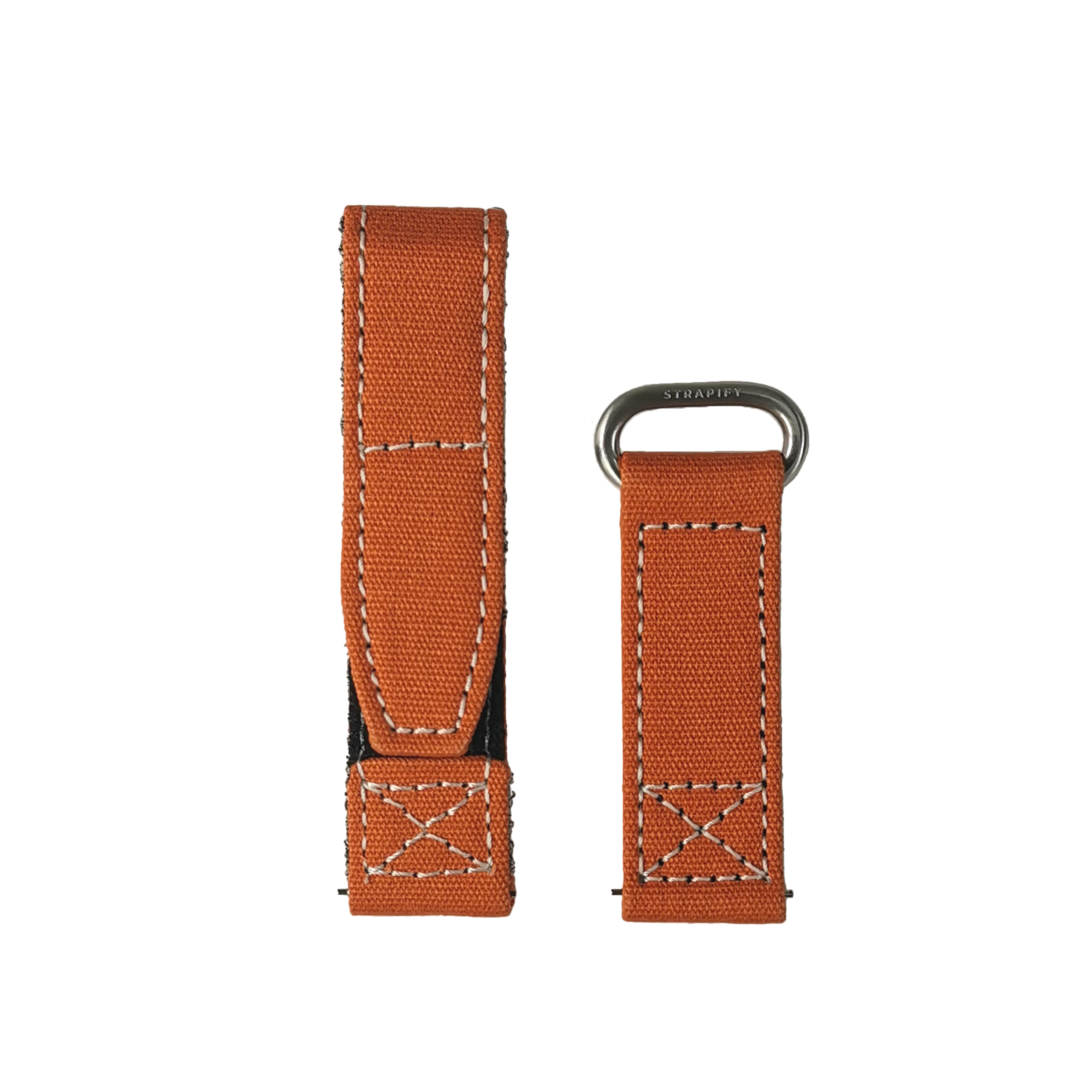 QuickFit orange canvas military watch strap with white stitching and metal loop connector, 22mm