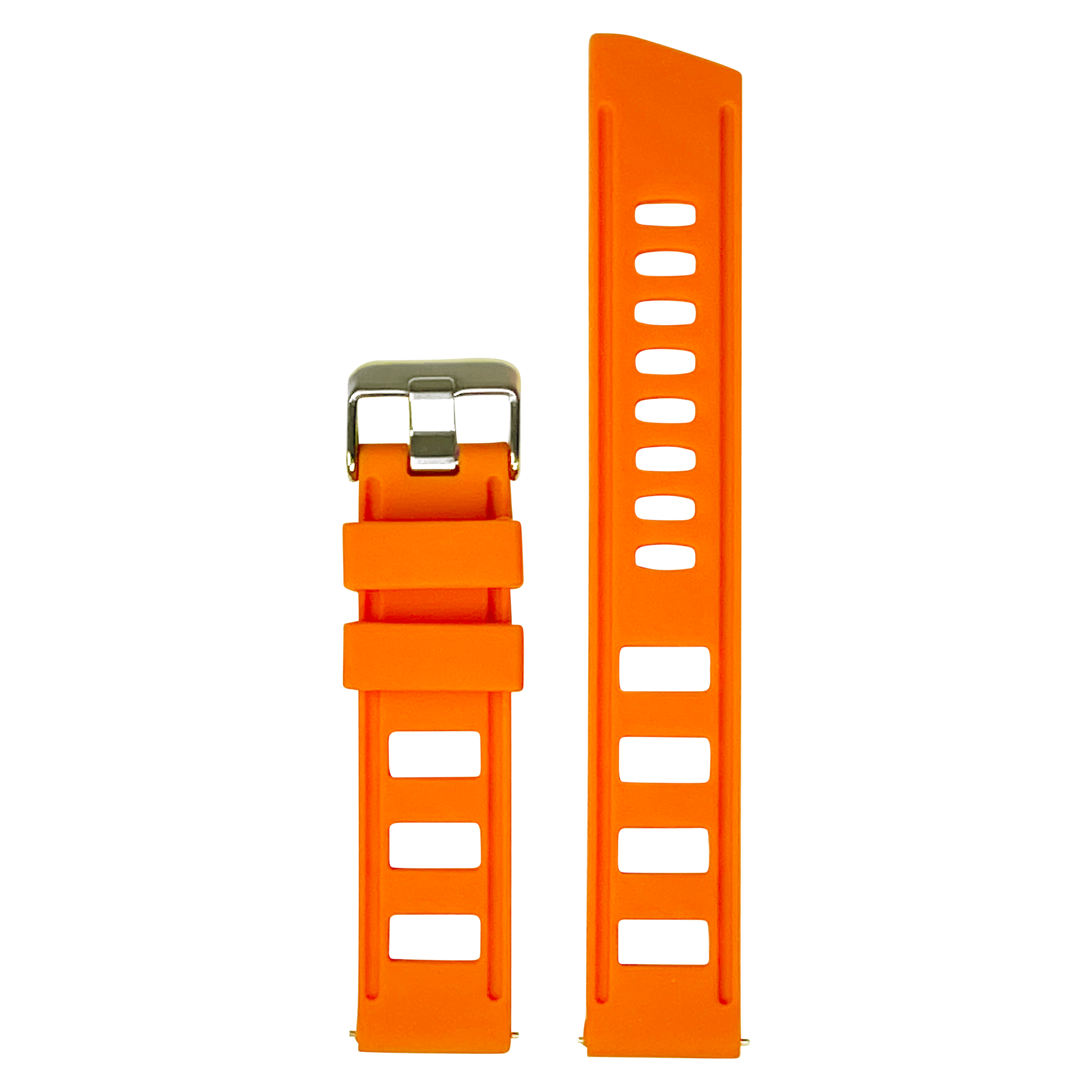 Bright orange silicone quick release watch band with ventilation holes and stainless steel buckle clasp