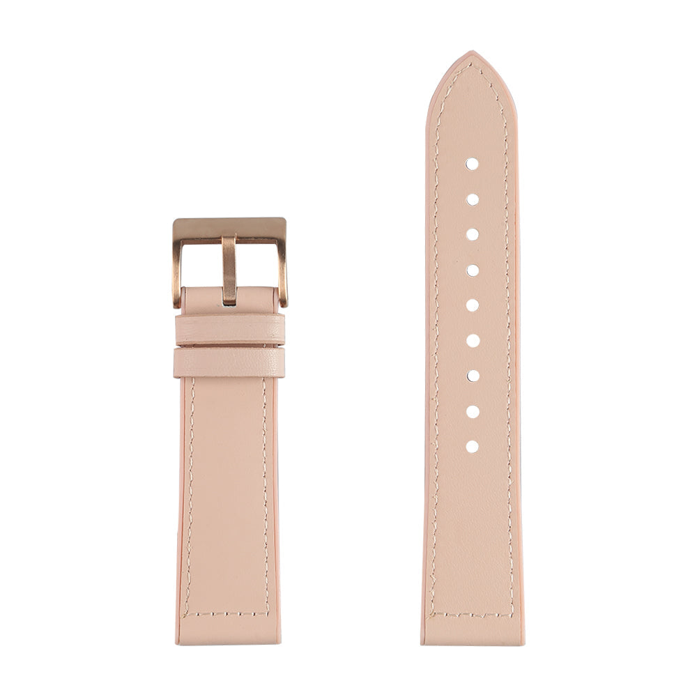 Pale pink leather hybrid quick release watch band with rose gold buckle and white stitching detail